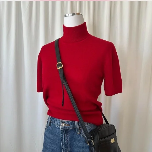 Vintage 1990s Red Jones New York Wool turtleneck sweater short sleeve large. - Picture 2 of 8